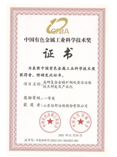 中国有色小优视频经典版工业科学技术奖一等奖